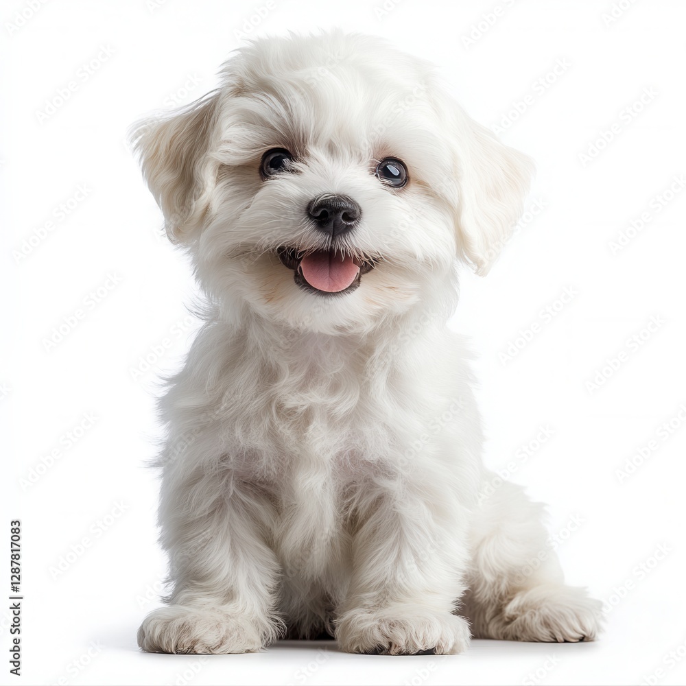 Adorable Maltese puppy with fluffy white fur sitting on a white background looking at the camera with a cute expression Adorable Maltese puppy with fluffy white fur sitting on a white background looking at the camera with a cute expression