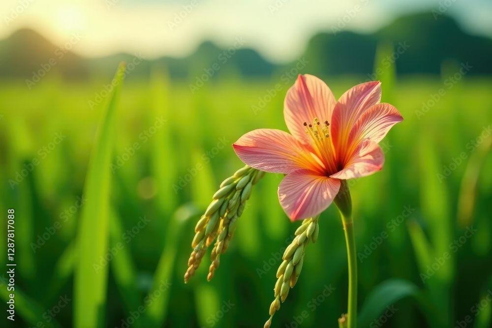 Obraz premium Rice flower blooms on the thor of mature rice plant, agricultural damage, crop health