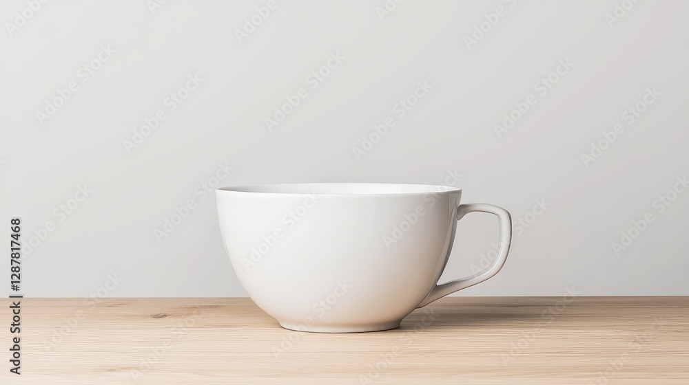 Empty white mug on wooden table, minimalist background, product mockup Empty white mug on wooden table, minimalist background, product mockup