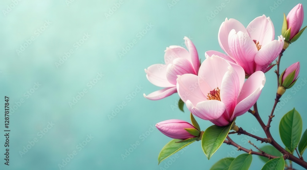 Obraz premium Delicate Pink Magnolia Blossoms on a Soft Teal Background, a Symbol of Spring's Gentle Arrival and the Promise of Renewal