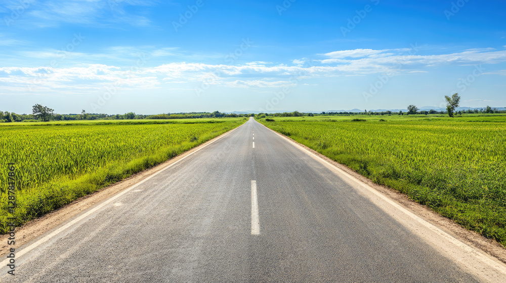 Wide road into distance, flanked by green fields and blue sky. High-definition, horizontal composition. Serene beauty. Wide road into distance, flanked by green fields and blue sky. High-definition, horizontal composition. Serene beauty.
