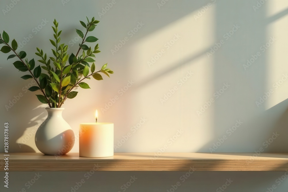Serene Still Life Illuminated Candle and Greenery on a Wooden Shelf Against a Softly Lit Wall