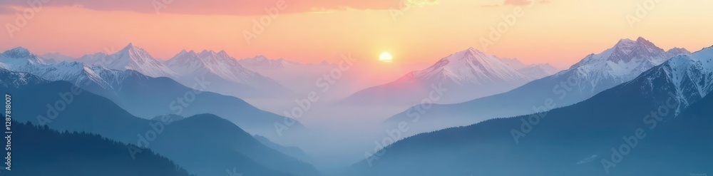 Obraz premium Soft orange glow through misty foggy mountain peaks, snow, mountains, serene