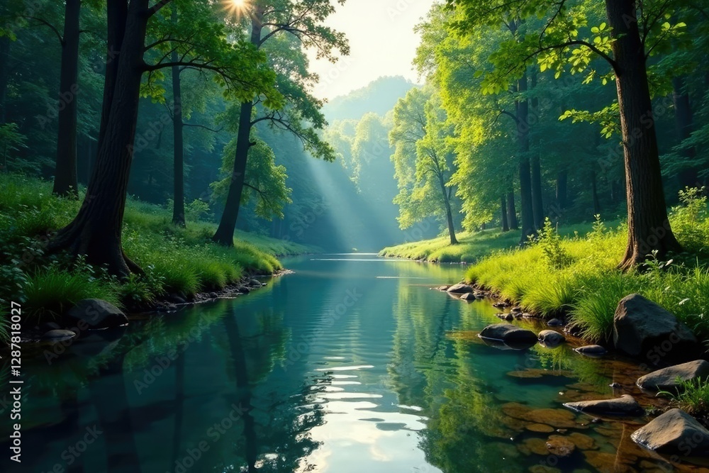 River flows gently through a tranquil forest clearing with tall trees on either side, nature, riverside, landscape River flows gently through a tranquil forest clearing with tall trees on either side, nature, riverside, landscape