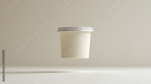 White Yogurt Cup with Foil Lid on Beige Background