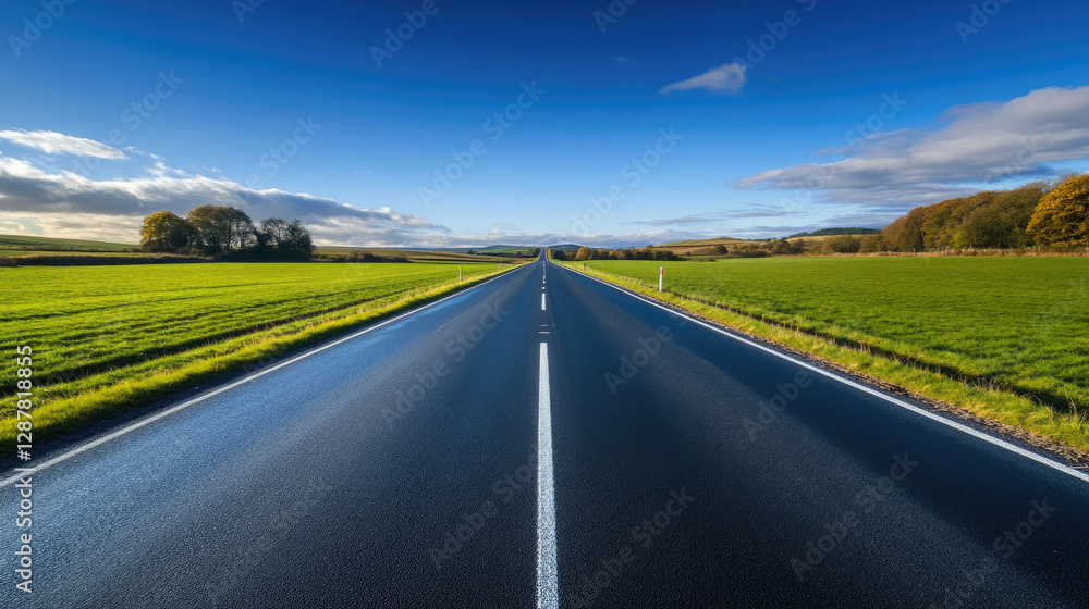 Wide road into distance, flanked by green fields and blue sky. High-definition, horizontal composition. Serene beauty. Wide road into distance, flanked by green fields and blue sky. High-definition, horizontal composition. Serene beauty.