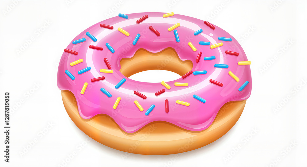 Pink frosted donut with colorful sprinkles on white background Pink frosted donut with colorful sprinkles on white background