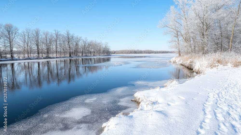 Winter River Landscape Snow-covered banks, trees, and partially frozen water reflecting winter sky. Ideal for winter travel, nature posters Winter River Landscape Snow-covered banks, trees, and partially frozen water reflecting winter sky. Ideal for winter travel, nature posters