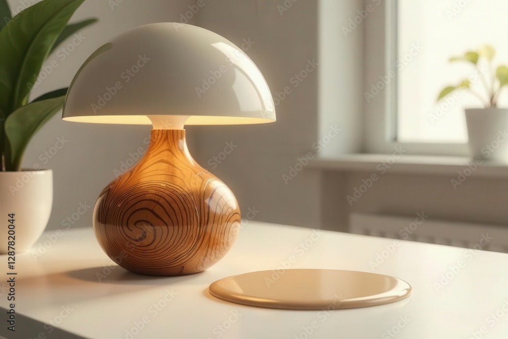 Illuminated Wooden Table Lamp with Circular Display Platform on White Surface Illuminated Wooden Table Lamp with Circular Display Platform on White Surface