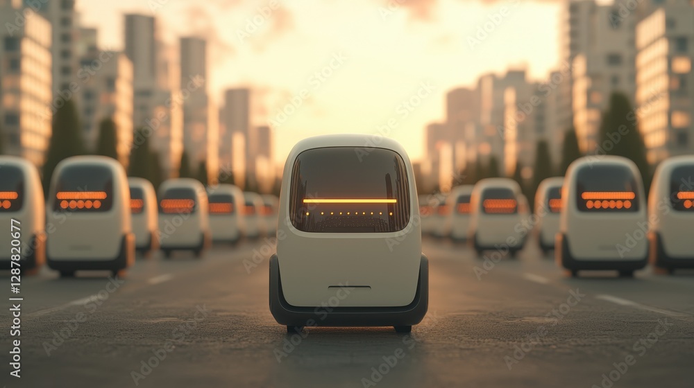 Fototapeta premium Autonomous vehicles lining a city street at sunset, showcasing modern transport innovation and urban design.