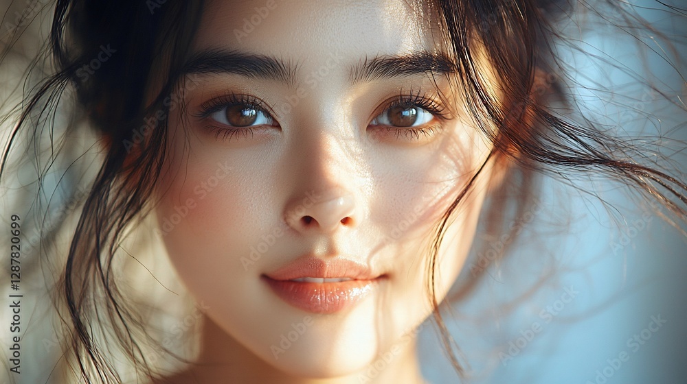 Close-up portrait of an asian woman with long hair and a gentle smile on a neutral background Close-up portrait of an asian woman with long hair and a gentle smile on a neutral background