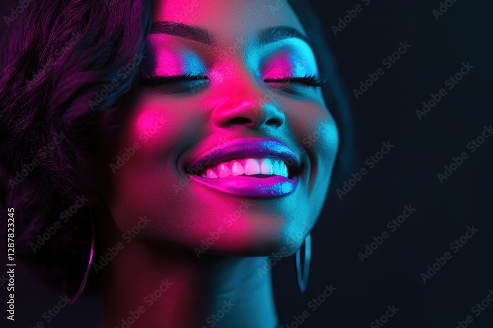 Woman's face in neon light with joyful expression Woman's face in neon light with joyful expression