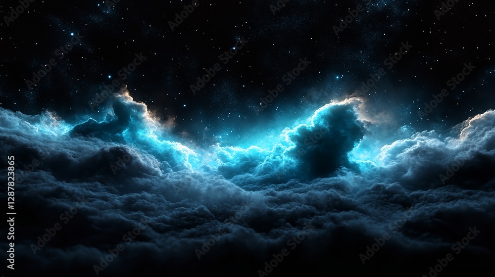 Obraz premium Mysterious cosmic clouds illuminated by ethereal blue light in a dark sky at night