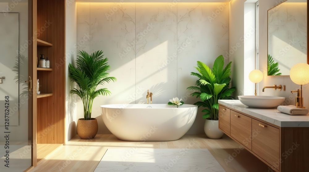 Serene Bathroom Oasis Modern Minimalist Design with Luxurious Freestanding Tub and Tranquil Tropical Plants Serene Bathroom Oasis Modern Minimalist Design with Luxurious Freestanding Tub and Tranquil Tropical Plants