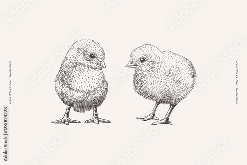 Two cute little chickens on a light background. Adorable nestling in engraving style. Domestic village birds, vector illustration.