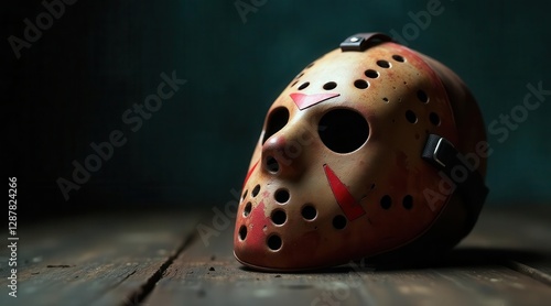 A weathered hockey mask rests on aged wooden planks, a chilling presence in the dimly lit scene.