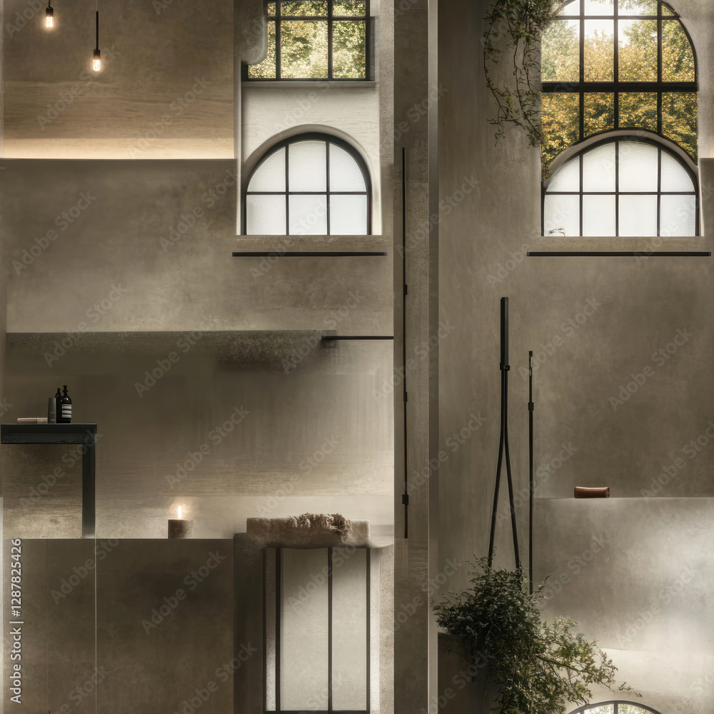 Fototapeta premium Interior view minimalist bathroom with natural light from windows and decorative plants against a textured wall