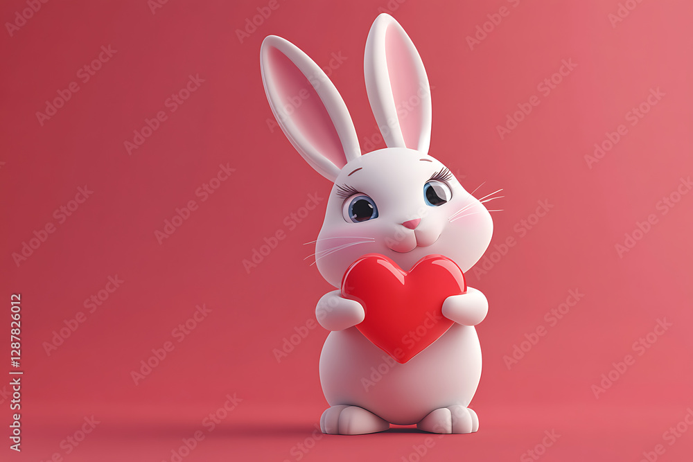 Obraz premium A cute cartoon rabbit holding a red heart against a pink background, symbolizing love.
