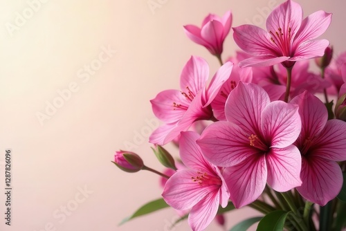 Delicate pink blossoms with intricate details, a soft background enhances their beauty, creating a serene and elegant floral arrangement.