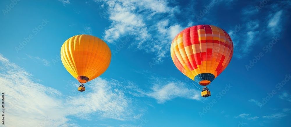 Fototapeta premium Two hot air balloons soar, blue sky, clouds