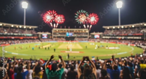 Wallpaper Mural Cricket Stadium Celebration with Fireworks—Vibrant Sports Atmosphere Torontodigital.ca