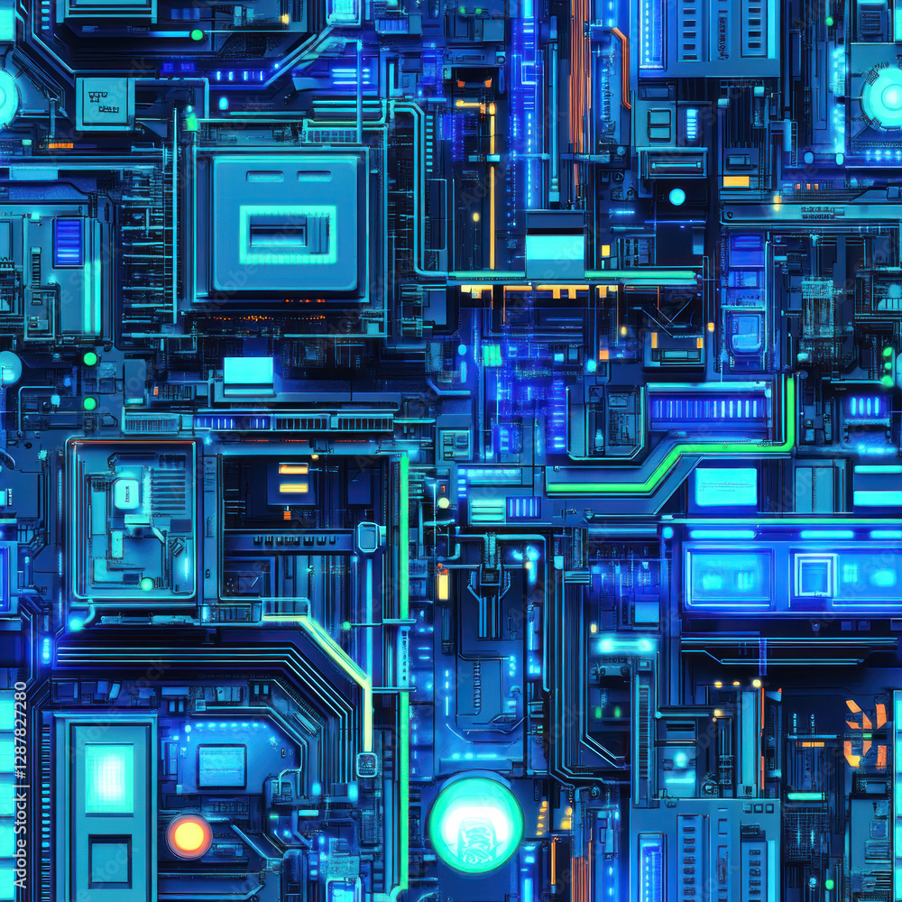 Fototapeta premium Intricate circuit board glows blue with illuminated lines connecting microchips in digital landscape