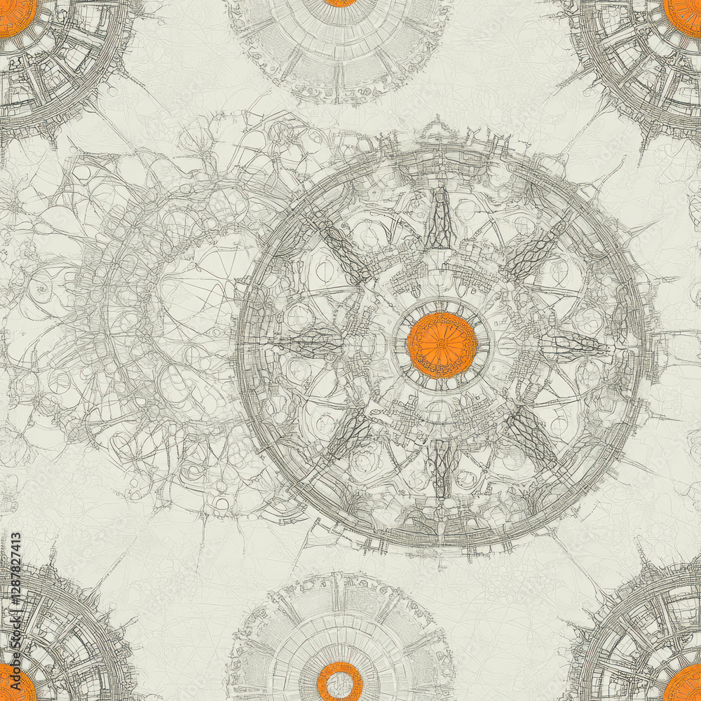Naklejka premium Intricate circular gears, ornate, detailed pattern on a cream backdrop; fantasy illustration, mechanical