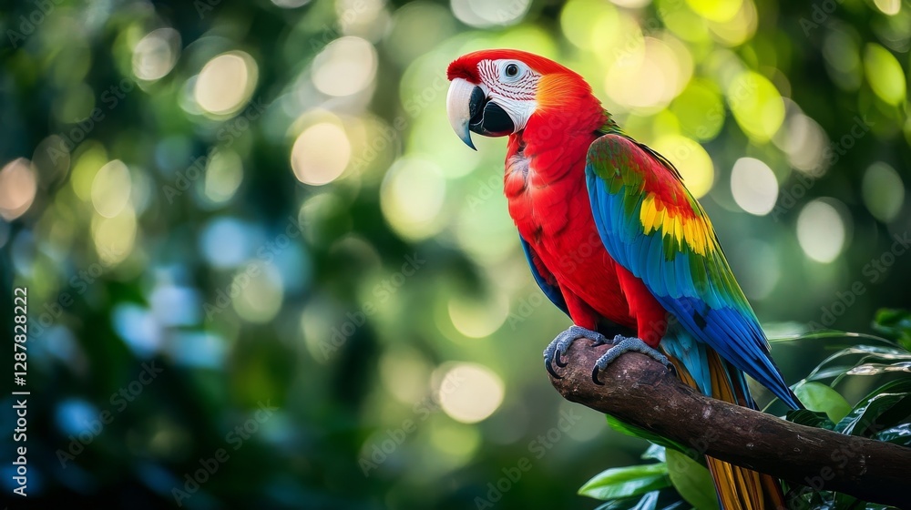 Scarlet macaw perched on a branch with vibrant plumage in tropical forest setting. Wildlife and nature photography concept Scarlet macaw perched on a branch with vibrant plumage in tropical forest setting. Wildlife and nature photography concept