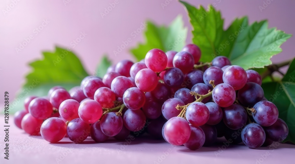 Fototapeta premium A vibrant cluster of ripe red grapes, freshly picked and glistening, rests gently on a soft purple surface, adorned with lush green leaves, showcasing the natural beauty and abundance of the harvest.