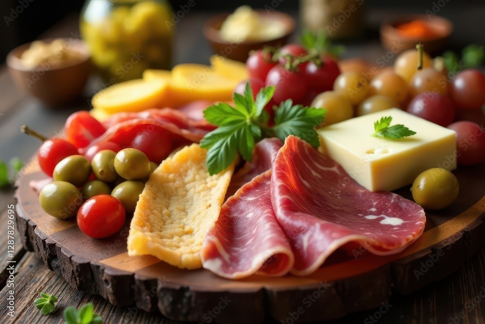 A delectable charcuterie board featuring cured meats, assorted cheeses, olives, grapes, and crackers A delectable charcuterie board featuring cured meats, assorted cheeses, olives, grapes, and crackers