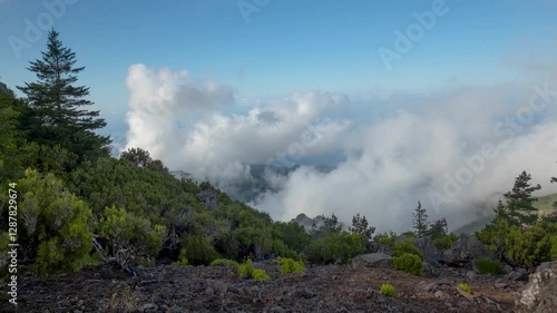 Time Lapse of Clouds and fog rolling over hills, near Pico Ruivo, Madeira Island, Portugal