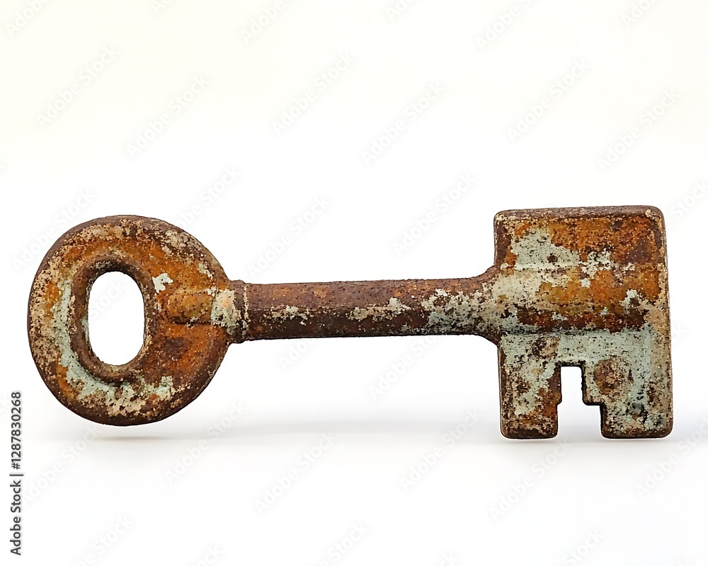 Rustic iron key with weathered texture and subtle shadows, minimal white background Rustic iron key with weathered texture and subtle shadows, minimal white background