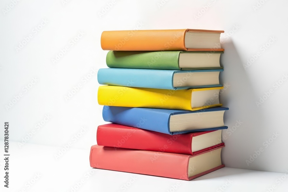 A vibrant stack of colorful books against a stark white background, showcasing a diverse collection of literature and knowledge.