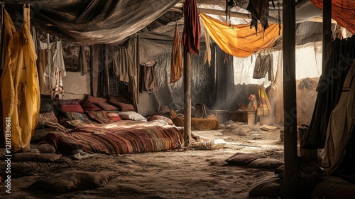 Dusty room, makeshift bed, hanging fabrics, and sparse furnishings.