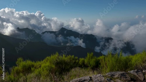 Clouds and fog rolling over hills, time lapse near Pico Ruivo, Madeira Island, Portugal
