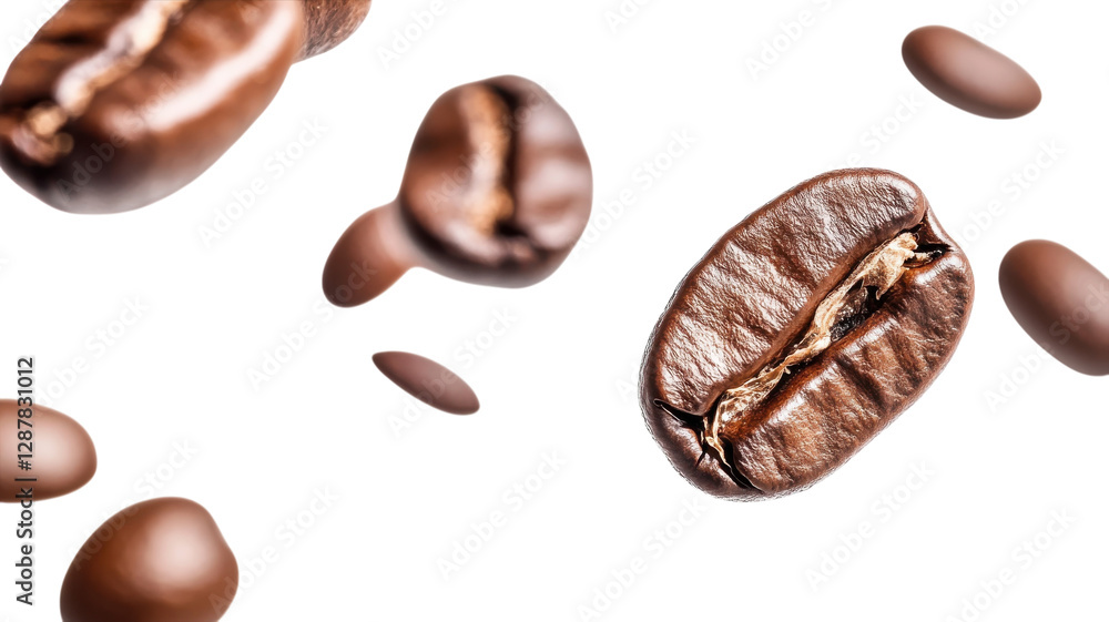 Coffee beans in mid-air showcasing different forms and textures highlighted by bright background