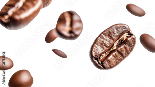 Obraz na płótnie Coffee beans in mid-air showcasing different forms and textures highlighted by bright background w salonie
