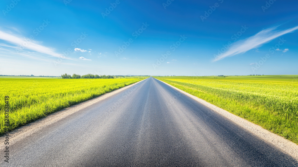 Wide road into distance, flanked by green fields and blue sky. High-definition, horizontal composition. Serene beauty. Wide road into distance, flanked by green fields and blue sky. High-definition, horizontal composition. Serene beauty.