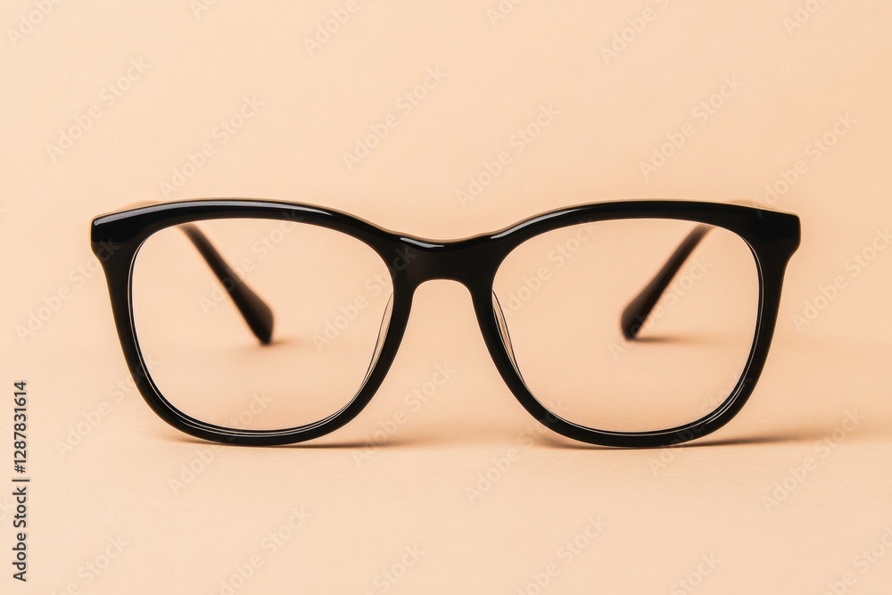 Black framed eyeglasses resting on a soft beige colored background Black framed eyeglasses resting on a soft beige colored background