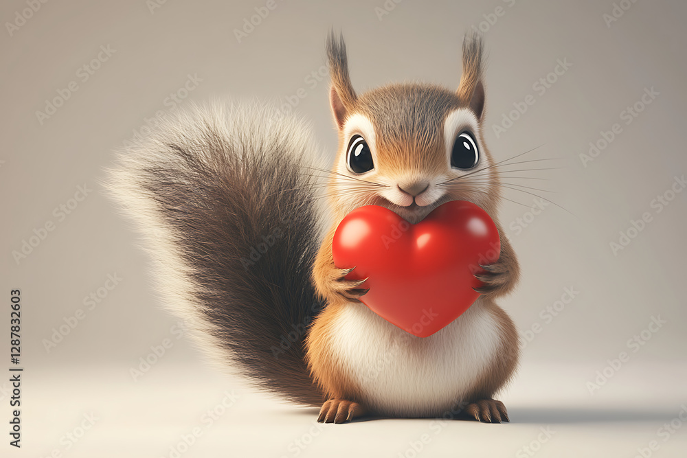 Fototapeta premium A cute cartoon squirrel holding a red heart, conveying a message of love and affection.