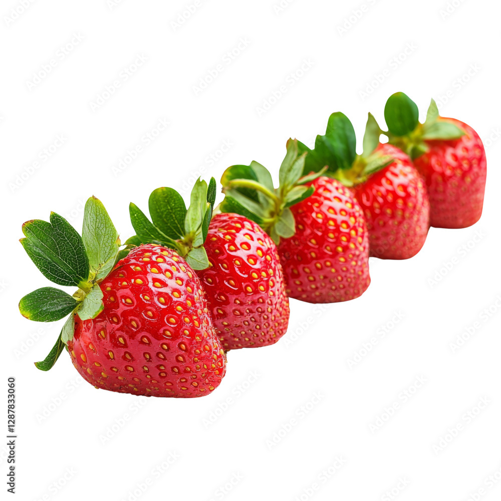 Fresh strawberries lined up, showcasing their vibrant red color and green leaves, perfect for desserts or healthy snacks Fresh strawberries lined up, showcasing their vibrant red color and green leaves, perfect for desserts or healthy snacks