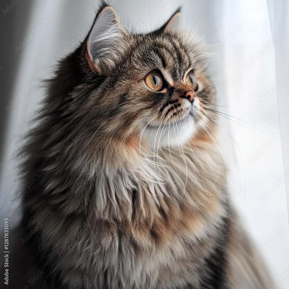 A focused, fluffy long-haired tabby cat with amber eyes gazes intently through a window with sheer white curtains, a portrait of domestic curiosity and serene observation. A focused, fluffy long-haired tabby cat with amber eyes gazes intently through a window with sheer white curtains, a portrait of domestic curiosity and serene observation.