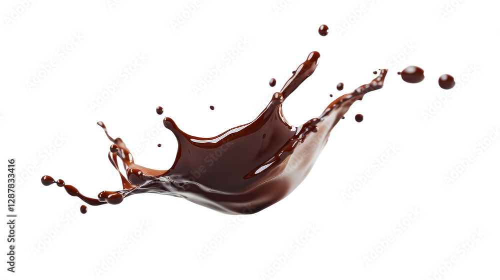 Chocolate splash creates a striking effect against a white background in a dynamic display of color and texture