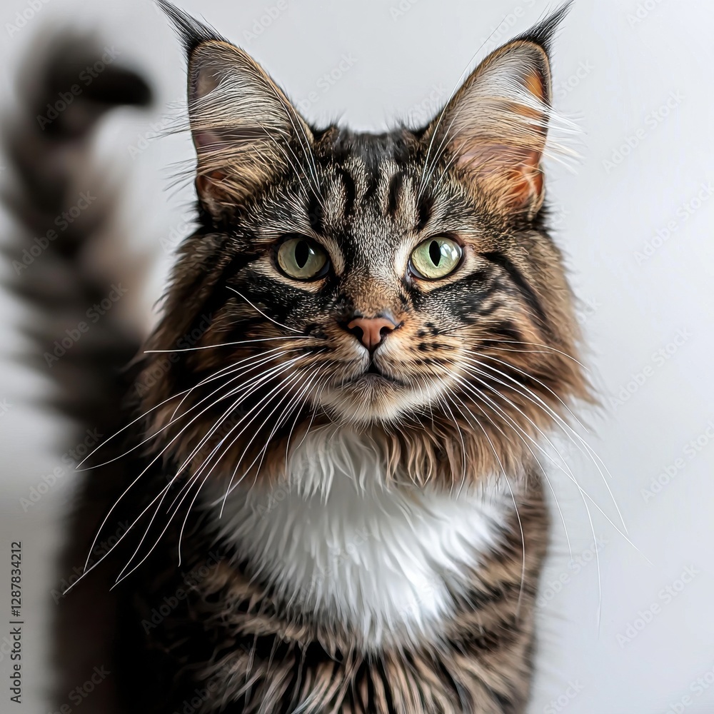 Close-up portrait of a stunning Maine Coon cat with piercing green eyes and a majestic expression, showcasing its long fur and distinctive markings against a clean background. Close-up portrait of a stunning Maine Coon cat with piercing green eyes and a majestic expression, showcasing its long fur and distinctive markings against a clean background.