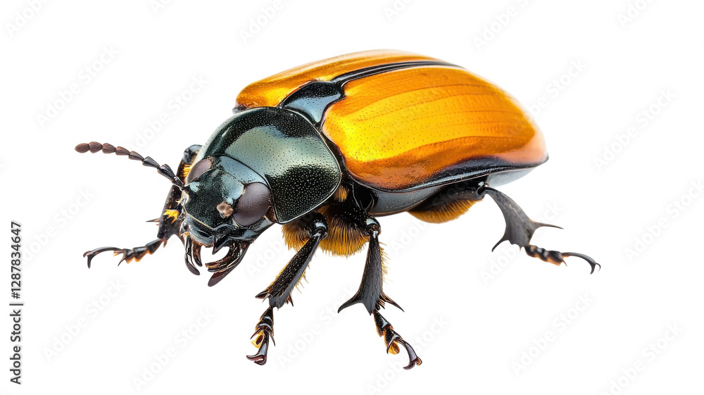 Bright orange and black beetle with glossy wings resting on a white background showcasing intricate details and textures