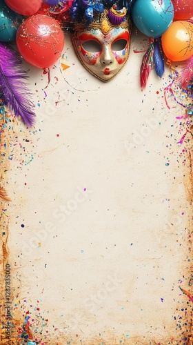 Vintage carnival frame with mask, balloons, feathers, and confetti on textured festive background.