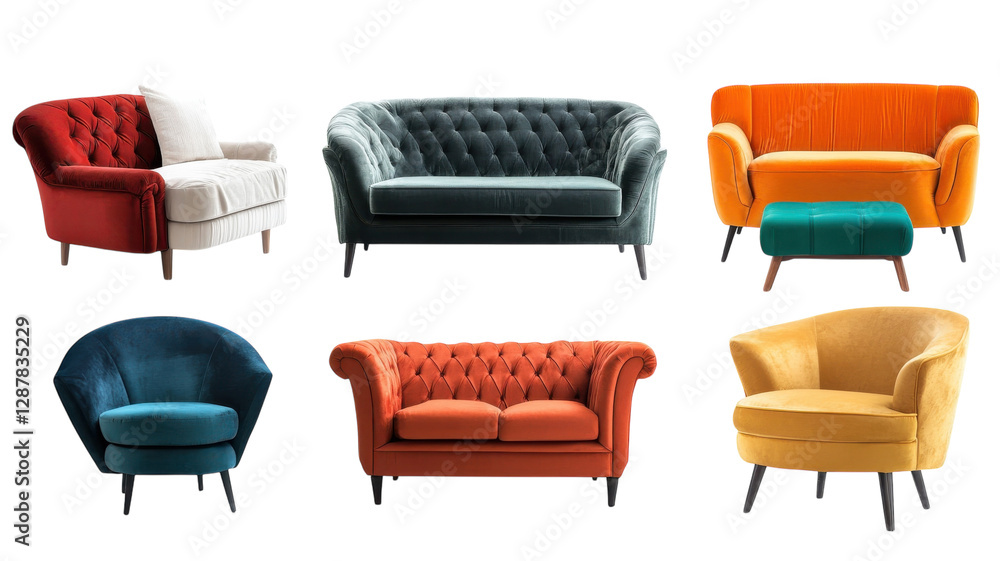 Colorful collection of stylish sofas arranged in modern living space showcasing diverse designs and fabrics