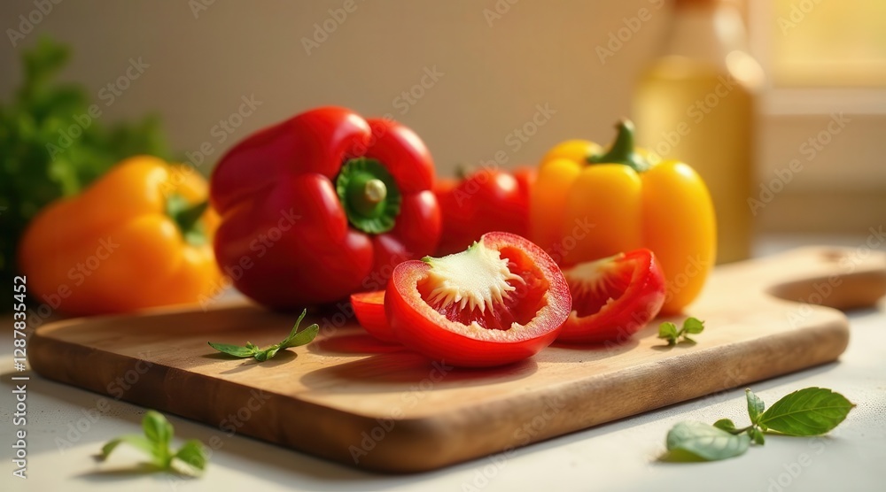 Sunlit Kitchen Scene Featuring Vibrant Red and Yellow Bell Peppers Sliced on a Wooden Cutting Board with Fresh Herbs Sunlit Kitchen Scene Featuring Vibrant Red and Yellow Bell Peppers Sliced on a Wooden Cutting Board with Fresh Herbs