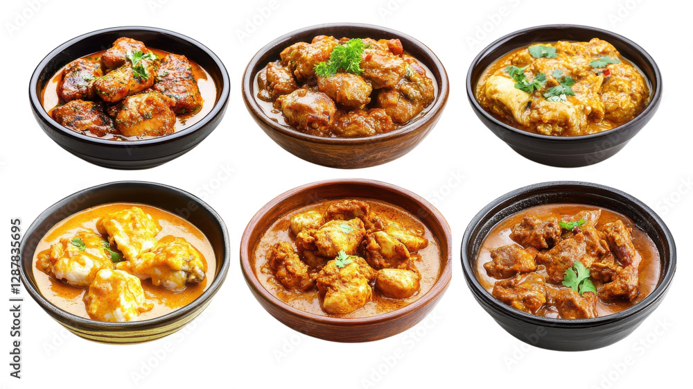 Delicious collection of six diverse chicken curry dishes served in bowls on a white background