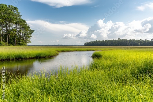 A serene salt marsh ecosystem, supporting tidal wetlands and diverse wildlife conservation.